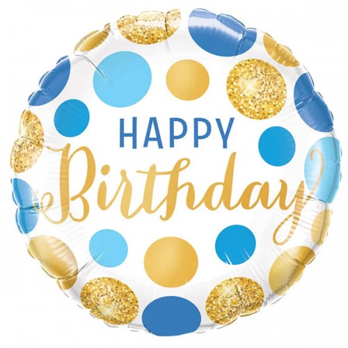 18" (45см) Коло Happy Birthday з блакитними кружечками (Китай) 18" (45см) Коло Happy Birthday з блакитними кружечками (Китай)