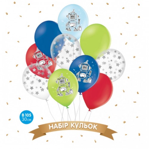ММ Набор воздушных шаров "Нappy birthday роботы", микс, звездочки на прозрачном, 10шт. в уп ММ Набор воздушных шаров "Нappy birthday роботы", микс, звездочки на прозрачном, 10шт. в уп