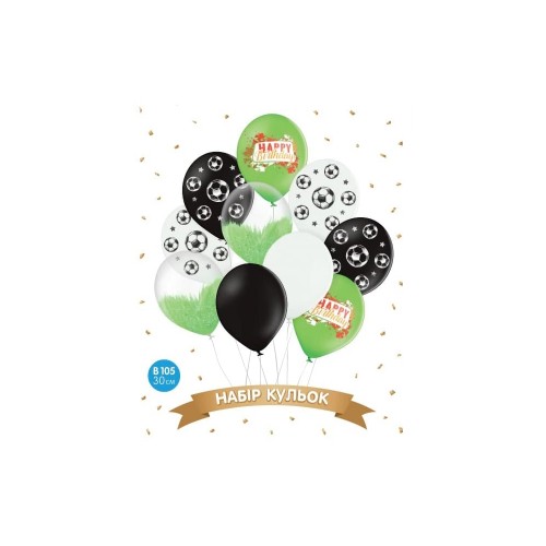 ММ 12" (30см) Набір куль з 10шт Happy Birthday футбол, чорний, білий, браш, з печаткою в уп ММ 12" (30см) Набір куль з 10шт Happy Birthday футбол, чорний, білий, браш, з печаткою в уп