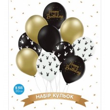 ММ 12" (30см) Набор шаров из 10шт "Happy birthday, Play Boy" черный, белый, золотой, хром в уп