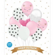 ММ 12" (30см) Набор шаров из 10шт "Спящая кошечка" белый, розовый, brush shine в уп