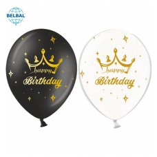 ММ 12" (30см) Happy Birthday Корона микс (чёрные, белые) (25 шт. 5 ст) BelBal