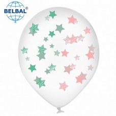 ММ 12" (30см) Мятные и розовые звезды на прозрачном (25 шт 5 ст) BelBal